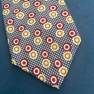 J Crew Silk Men’s Tie Retro Handmade Geometric Circles 4 inch Wide Blue Red Gold